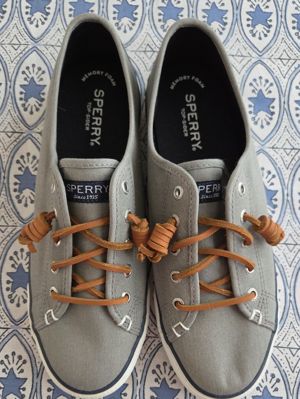 Sperry Women’s Light Gray Canvas Boat Shoes with Brown Leather Laces